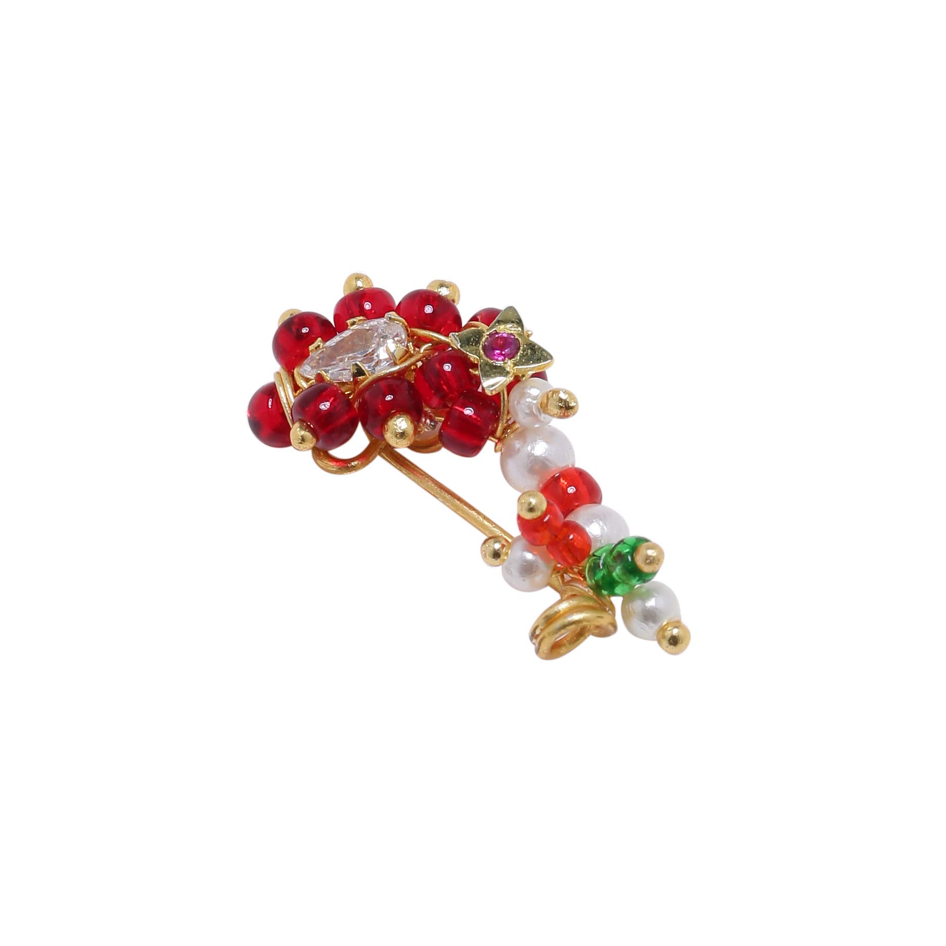 sanjog Multi-Color Treditional Maharashrian Pearl Nath Nose Ring Pin Women (Red) (B08CDVFGVW) Amazon Price History, Amazon Price Tracker