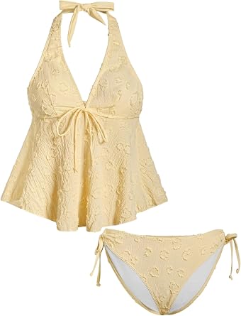 OYOANGLE Womens Tankini Swimsuits Textured Flowy Halter Bikini Set Tummy Control Modest Bathing Suits