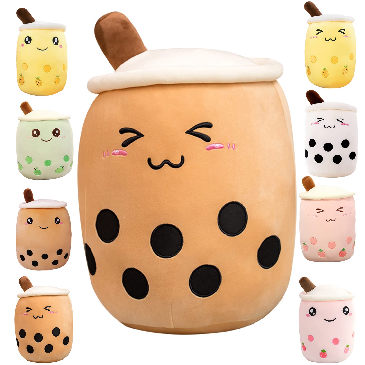 Kekeso Boba Plush Pillow Stuffed Toy Soft Lifelike Bubble Pearl Milk Tea Hugging Pillow Cartoon Plush Back Cushion Gift Toys (Brown-Small Eyes, 25cm/9.84inch x 2 pcs)
