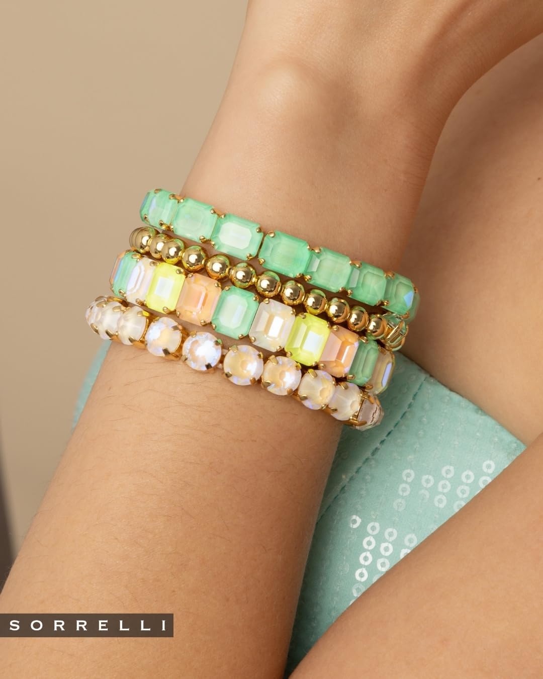Sorrelli Green Mint Delite Emerald Cut Stretch Bracelet, 7 Inches Long, Bright Gold-tone