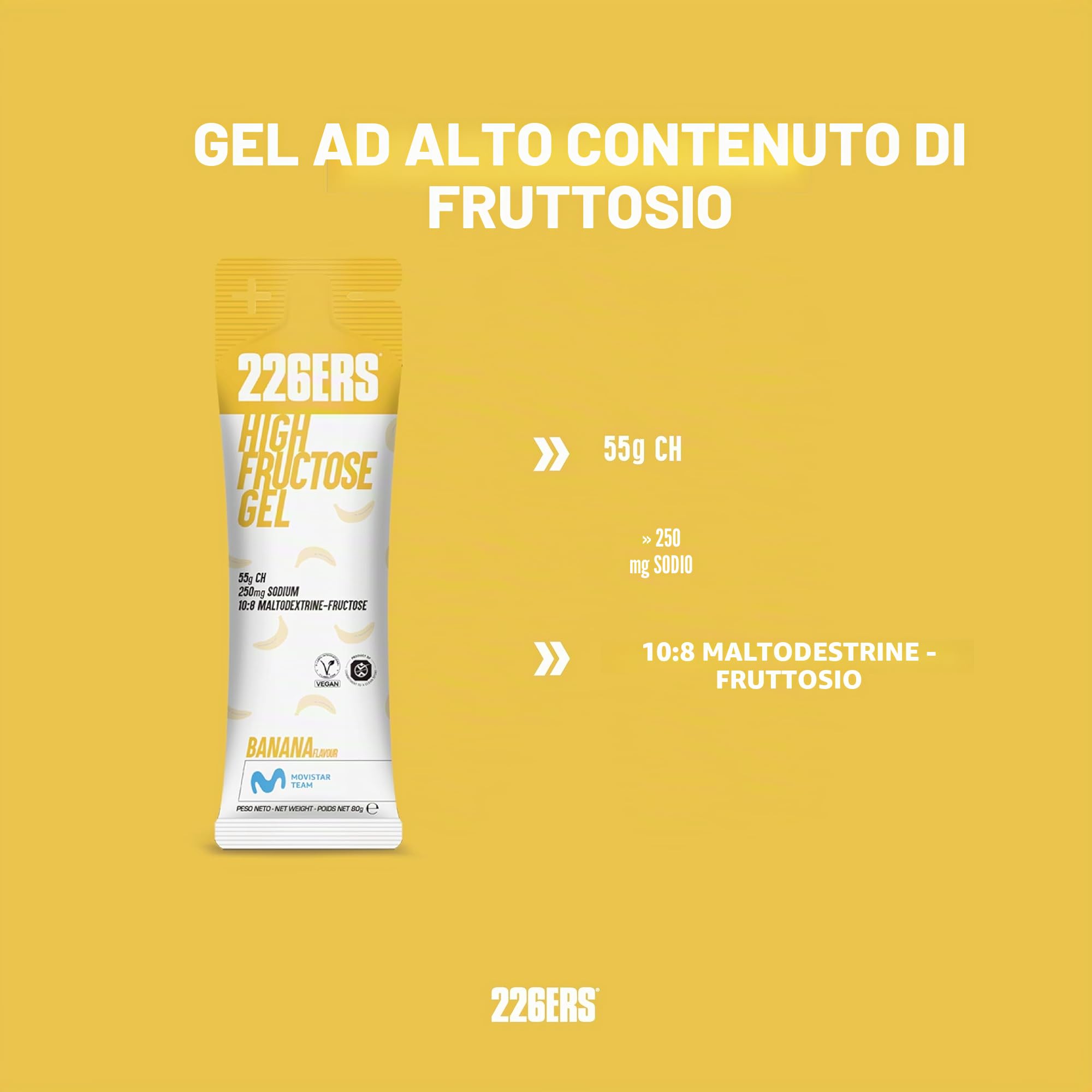 226ERS - High Fructose, Gel Energetico per Sportivi con Maltodestrina e Fruttosio, Vegano e Senza Glutine, Apporto di Carboidrati, Gusto Banana, 24 Gel x 80 g