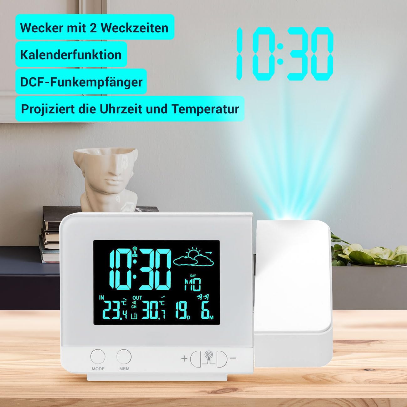 2-in-1 Projektionswecker & Funk-Wetterstation mit USB-Port – Wecker mit Aussensensor, projiziert Uhrzeit in 8 Farben an Wand & Decke