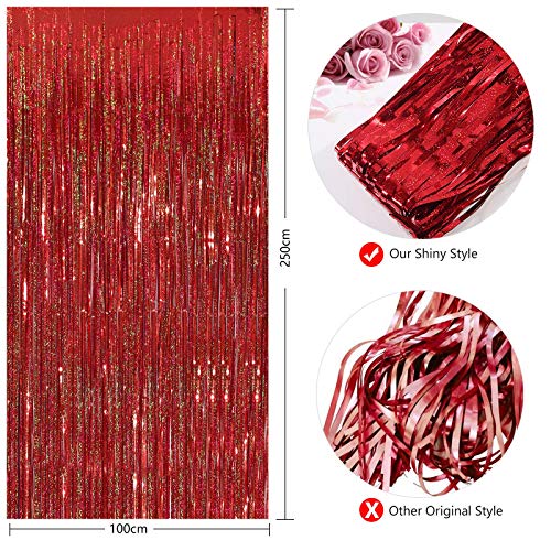 Image of CYLMFC Metallic Tinsel Curtains, 2 Pack 3x8ft Foil Fringe Backdrop for Birthday & Graduation Decorations, Red
