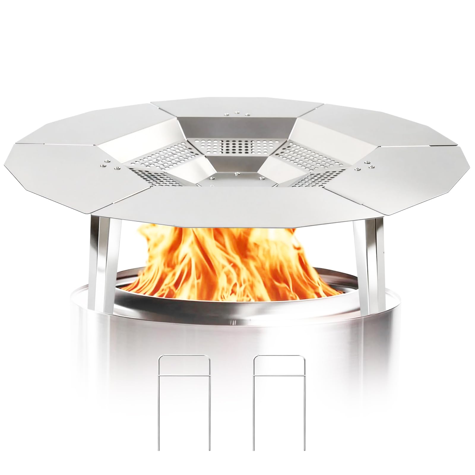 fire pit heat deflector for solo stove bonfire 19.5", 304 stainless steel portable heat diffuser firepit captures and redirects warmth with handle & leg, detachable burner cover accessories