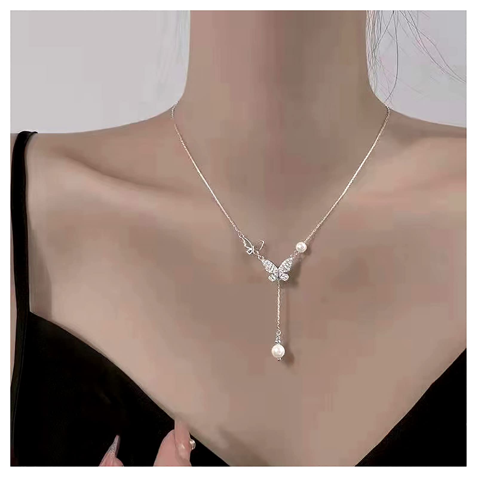 Dishowme Collar con colgante de mariposa y perlas, collar con lazo de cristal, cadena Bohemia con diamantes de imitación, cuentas con nudo, joyería para mujeres y niñas (Plateado A)