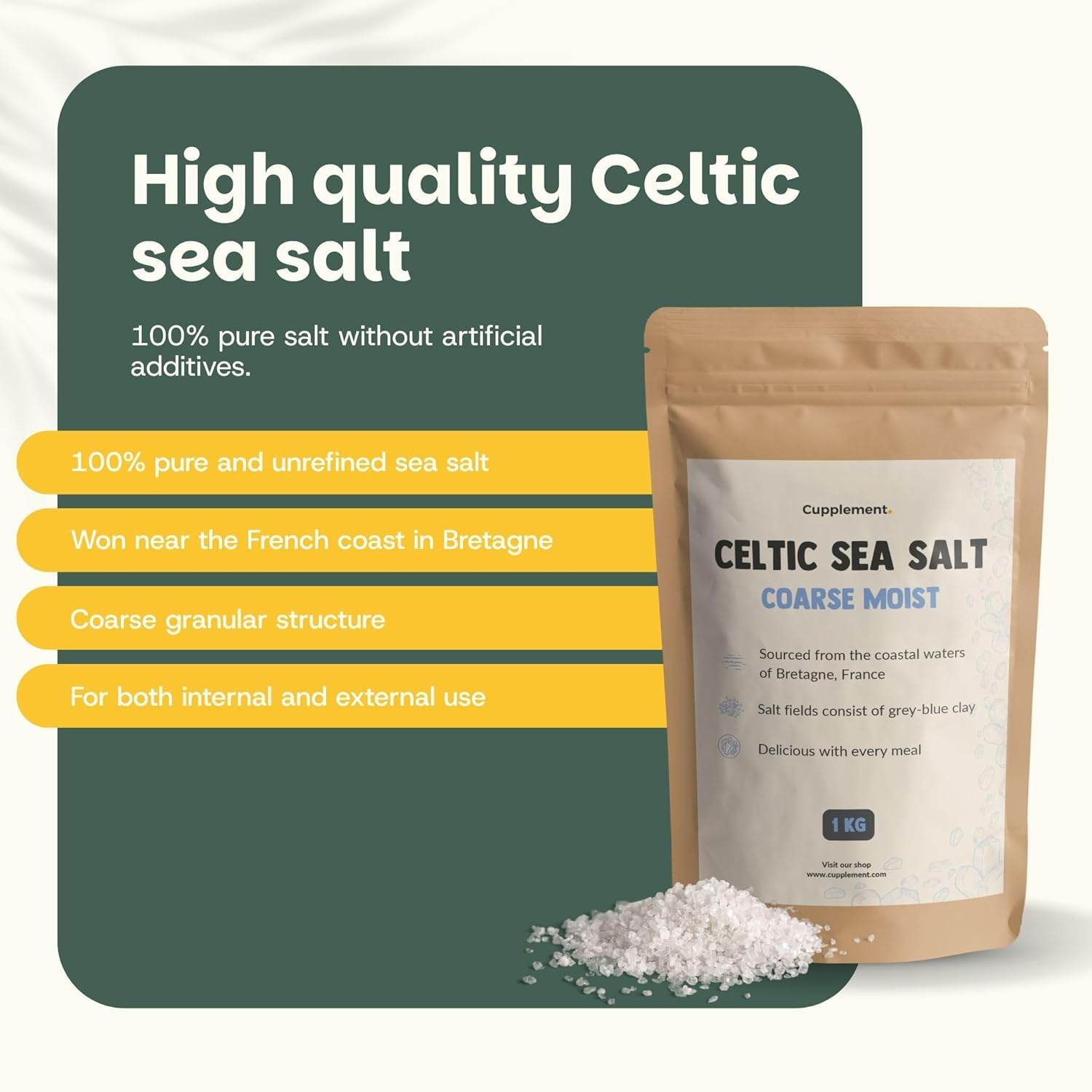 Cupplement - Celtycka Sól Morska 1KG - Gruboziarnista Celtycka Celtic Sea Salt - Gruboziarnista - Do Młynka do Soli - Nieorganiczna, Fleur de Sel, Himalajska, Organiczna lub Drobne Minerały
