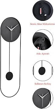 Muyika Metal Sarkaçlı Dekoratif Duvar Saati - Sessiz Mekanizma - El Boyama Modern Tasarım Saat-Siyah Myk3017-Siyah