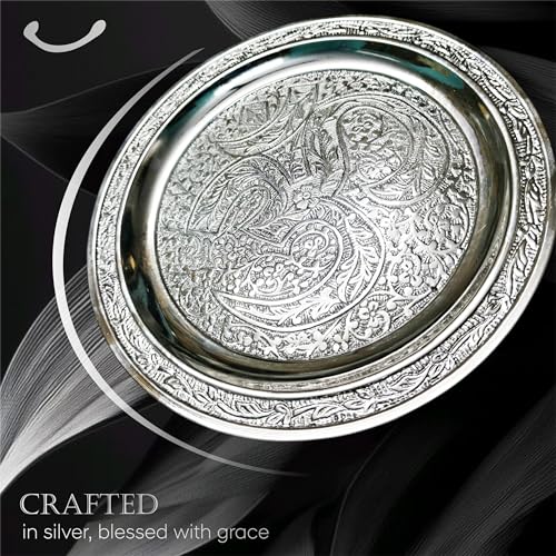 Image of Trinity Designs Silver Pooja Thali Set 8 Inch | Decorative Aarti Thali 234 Grms Silver Plate with Diya & Chandan Bowls | German Silver Thali Set Mandir, Festivals & Gifting | Puja Thali Set for Home
