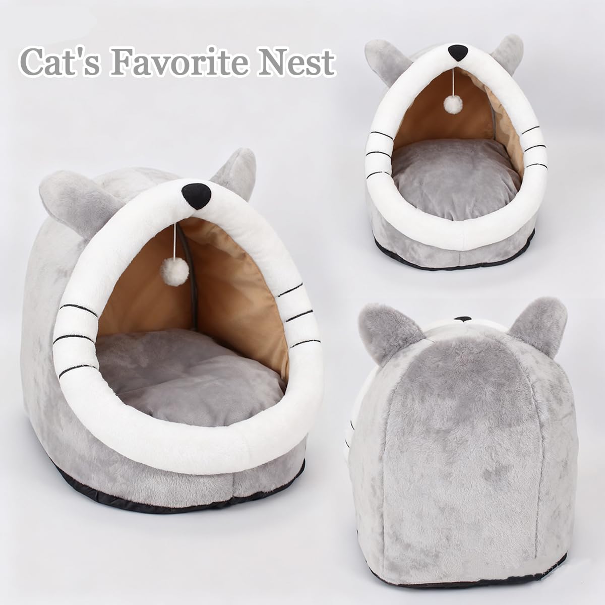 سرير قطط شبه مغلق لجميع المواسم، سرير قطط قابل للازالة والغسل للقطط الداخلية، منزل قطط مريح للقطط والكلاب للعب والنوم (رمادي، M)