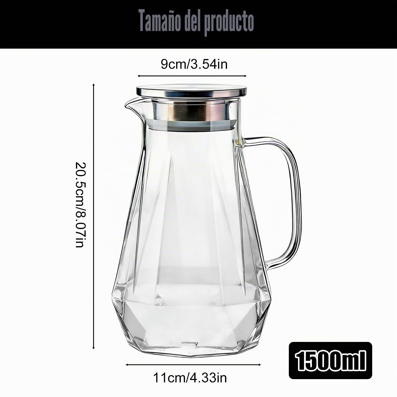 Jarra de cristal, jarra de agua de 1,5 l, jarra de agua, jarra de cristal con tapa, mango y estructura de rombos, jarra de agua transparente y resistente al calor de vidrio de borosilicato para