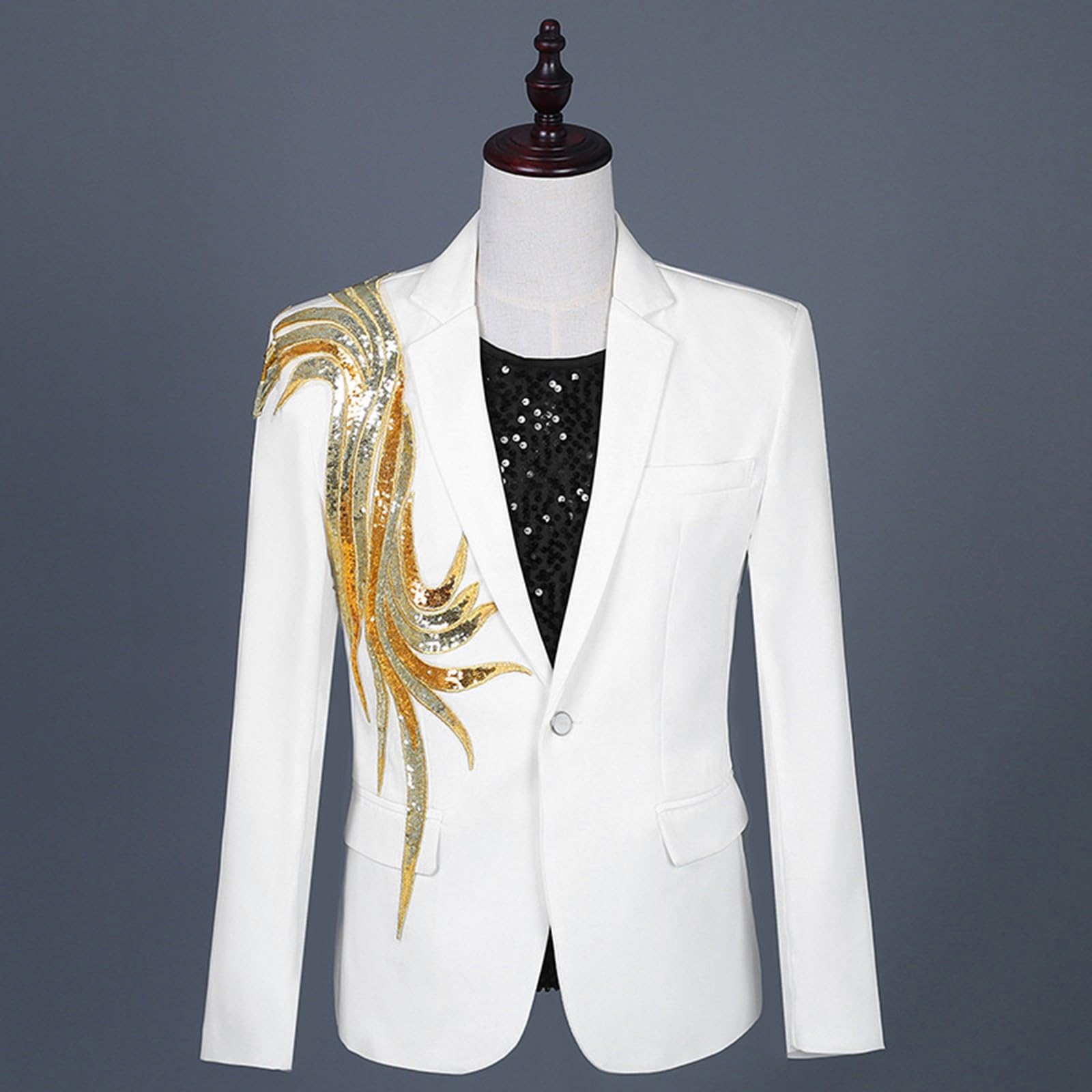 Abito con paillettes da uomo, giacca lucida, stile retrò, oro, con ricamo, blazer scintillante, slim fit, per feste, balli di fine anno