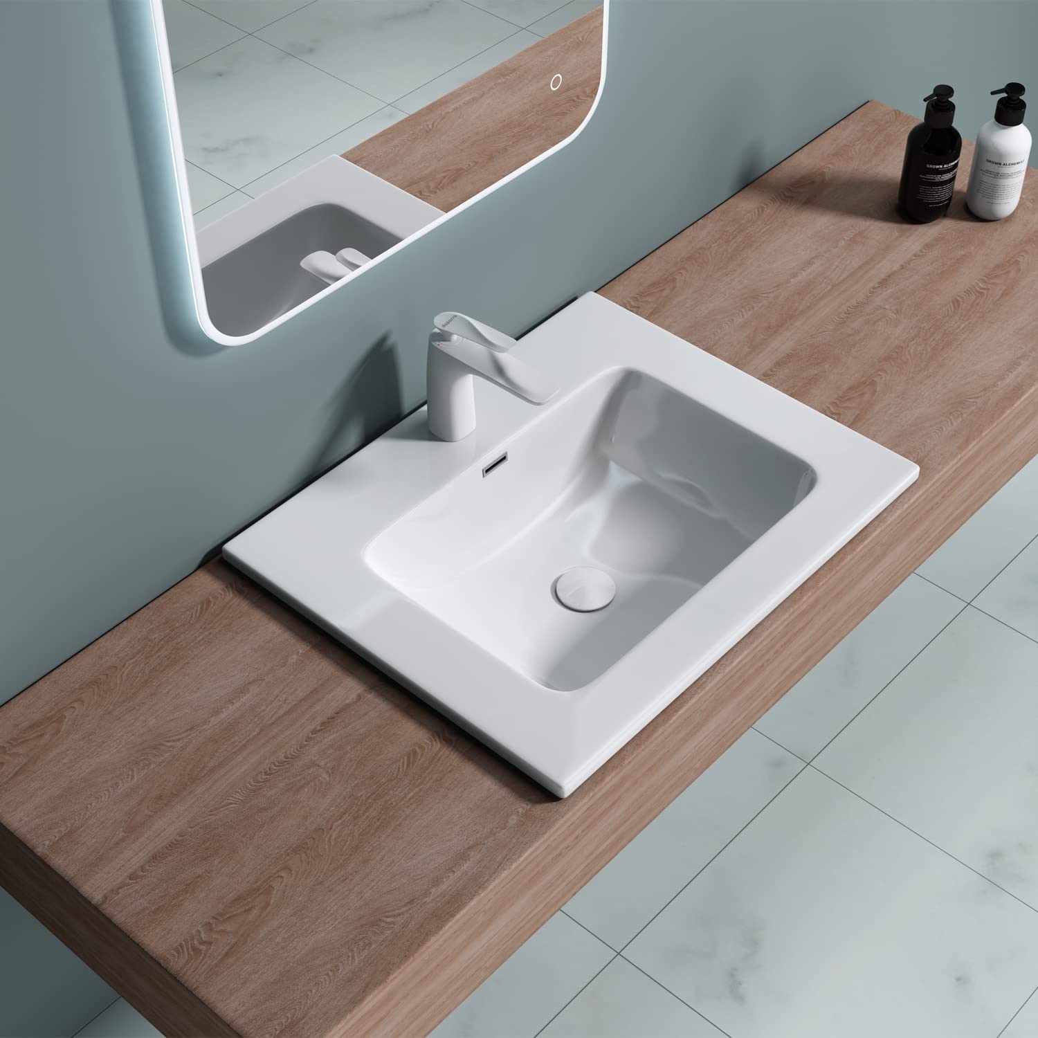 DB Durovin Bathrooms Durovin Bathrooms Luxurious Stone Resin- Semi Recessed Bathroom Basin Sink- Bathroom Vessel Sink - One Tap Hole with Overflow (600 x 480mm), Satin White