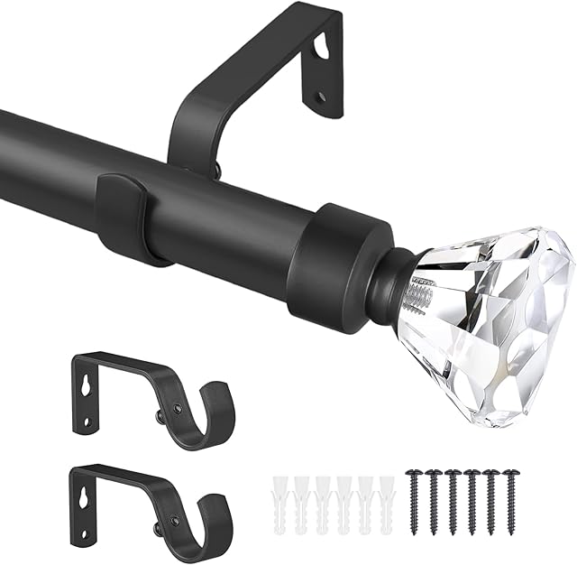 PinLin Living Room Crystal Curtain Poles Metal Extendable - Includes Curtain Rod, Diamond Finials, Screws, Brackets & Fittings Set (Black, 56-107cm)