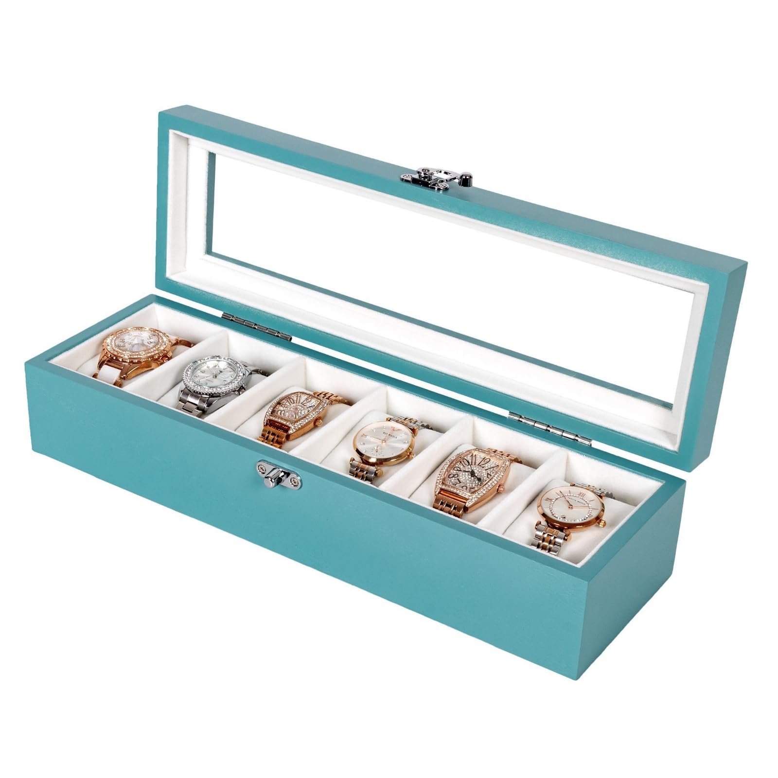 Watch Box, Watch Case for Men Women with Large Glass Lid, Wooden Watch Display Storage Box with 6 - Slots, Ocean Blue Mens Watch Box Organizer