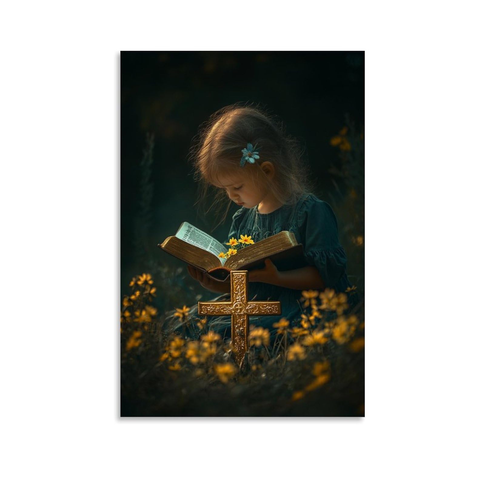 XMHMYHZJ A Child Places A Flower Into A Bible Resting at The Base of A Golden Cross, And A Soft Breeze Answers with Silence. Wall Art Mural Modern Decoration Hanging Art Poster 20x30inch(50x75cm)