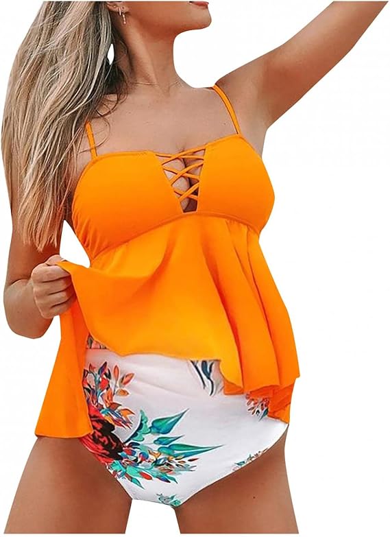 Amazon Grovlol ビキニ セット マタニティ水着 シマシマ水着ワンピ カップ付き 妊婦水着 フリル マタニティスイミング ママ水着 産後 水着 タンクトップ ショーツ タンキニ セパレート 水着 体型カバー 産前産後兼用 お腹カバー ビキニ セパレーツ 通販
