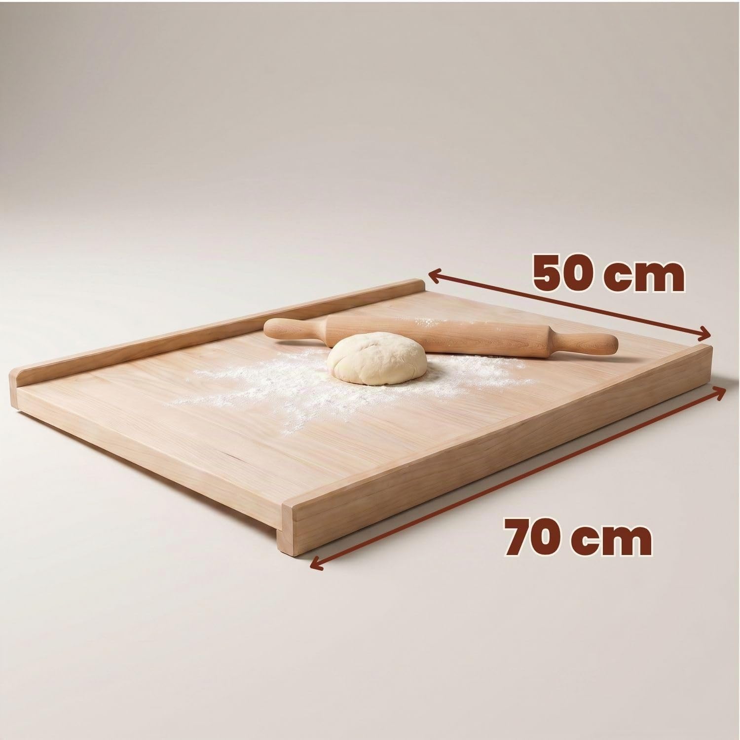Nudelbrett Holz Groß doppelseitig verwendbar unlackiertem Holz 50 x 70 cm | 50 x 70 cm, Robustes Buchenholz massiv, Große Arbeitsläche, Ränder, Für Teig Pizza und Pasta, Stabil beim Kneten
