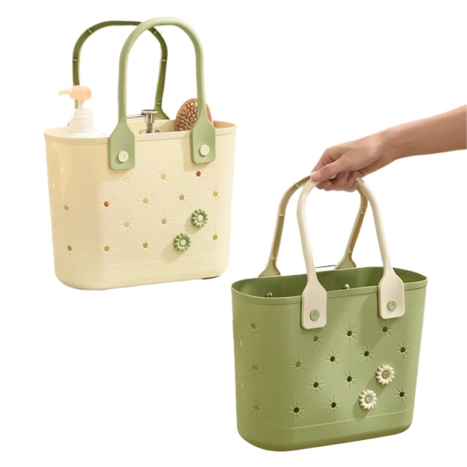 JBJYGSG Organizador de Ducha Portátil Cesta de picnic con asa portátil | Almacenamiento multiusos de material suave creativo, cesta de drenaje inferior for ducha de baño(Green)