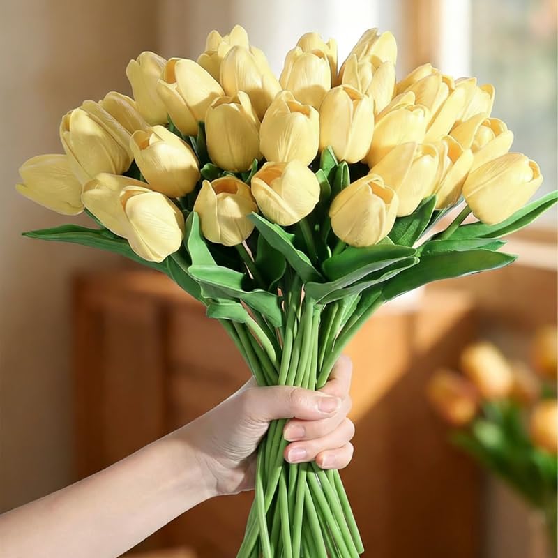 Image of 20Pcs Stems 13.5 Inch Light Yellow PU Artificial Moisturizing Tulips, Faux Tulips Flowers for Thanksgiving Christmas Decorations Wedding Home Table Vase Floral Arrangements