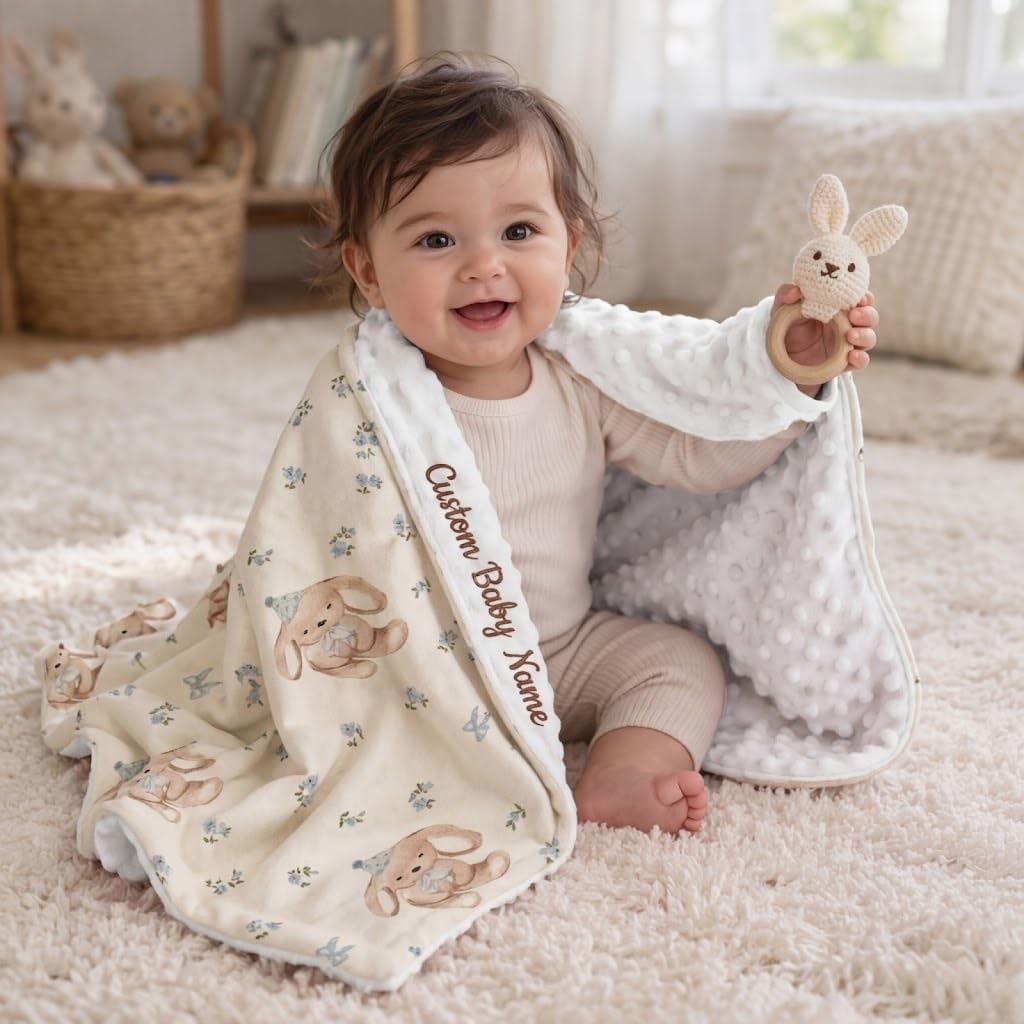 Custom Baby Blanket with Name - Embroidered Personalized Blanket for Newborn, Minky Dot Elegant Stroller Wrap, Luxury Personalized for Baptism (White)