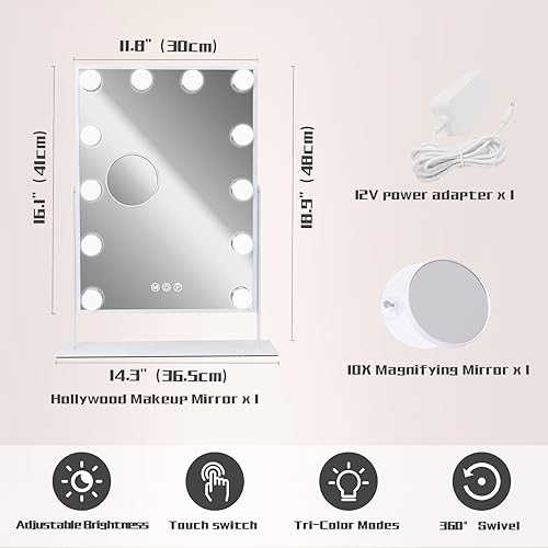 Miniatura 2 de COOLJEEN Espejo de maquillaje con luces, 12 bombillas LED, espejo Hollywood iluminado, aumento de 10X, 3 modos de color, control táctil, regalo para