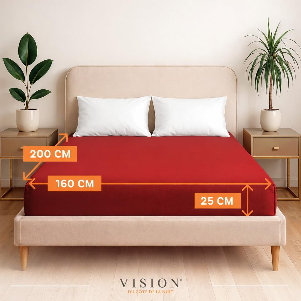 VISION Lenzuolo con angoli - 100% cotone - Letto matrimoniale (160 x 200 cm) - Angoli elasticizzati - Adatto a materassi fino a 25 cm - Certificato Oeko-Tex - Lavabile in lavatrice - Colore: rosso