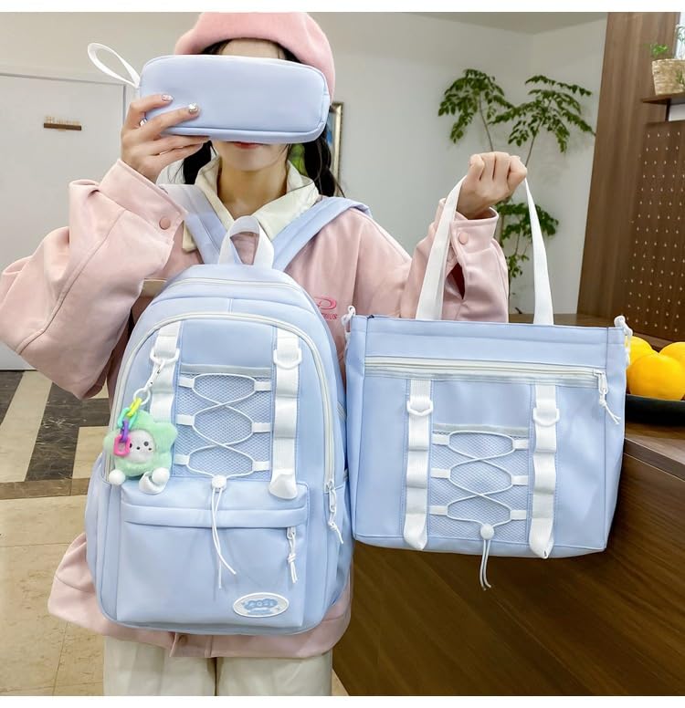 College Style Backpack Set of 3, Kawaii Simple Stylish 3-In-1 Bookbag Set, Cute Large Capacity Nylon Rucksack (Blue)3
