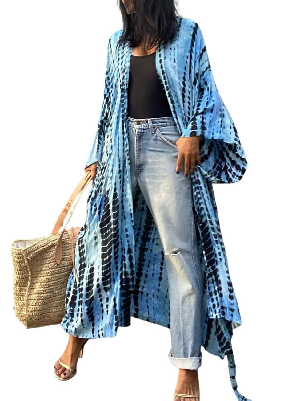 Bsubseach Stylish Tie Dye Open Front Long Kimono Swimsuit Coverup for Women