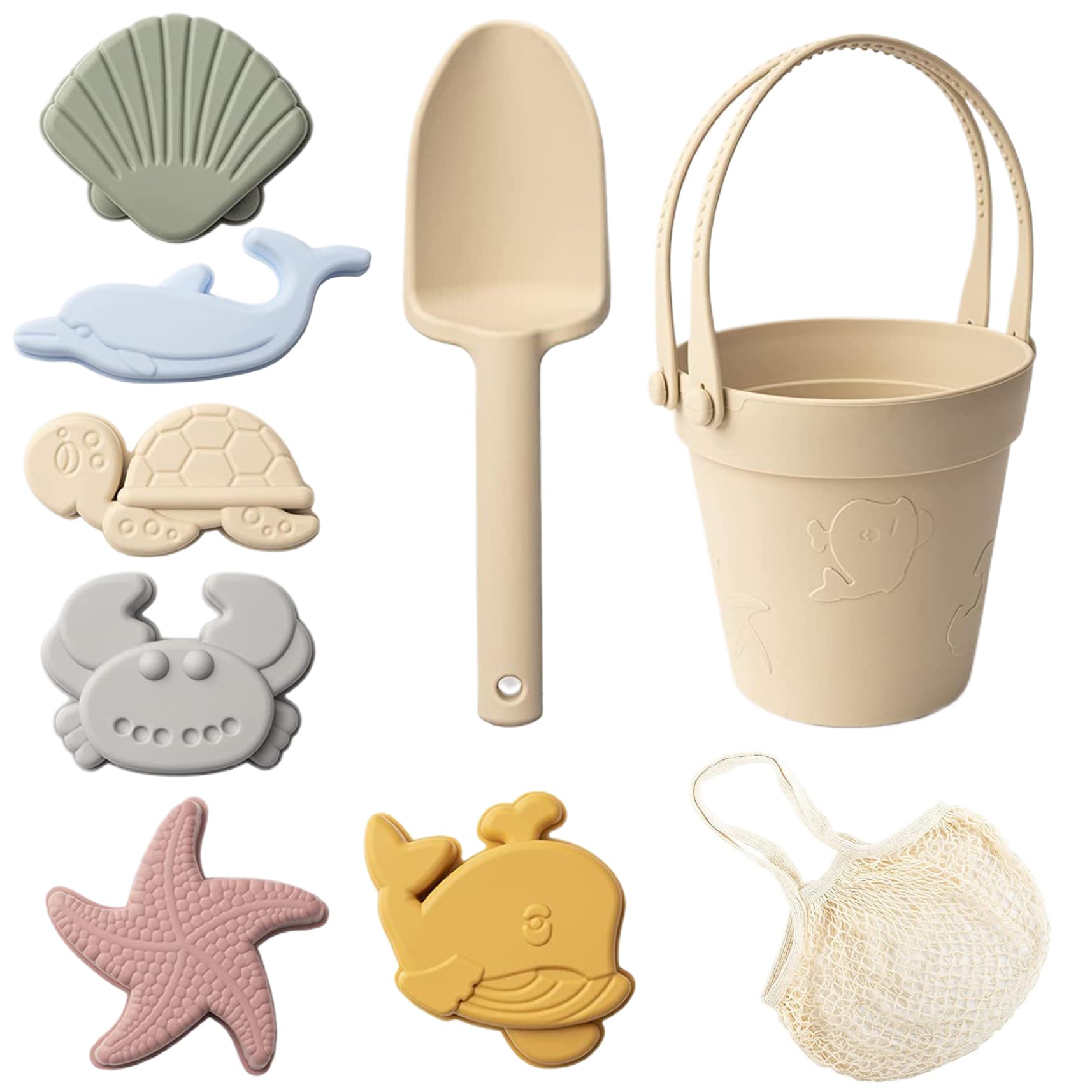 Syglawnd Sand Toys for Kids, 8PCS Safe Silicone Beach Toys with Shovel, Bucket and Sand Molds, Waterproof Box for Travel Summer Outdoor Beige, Kids Beach