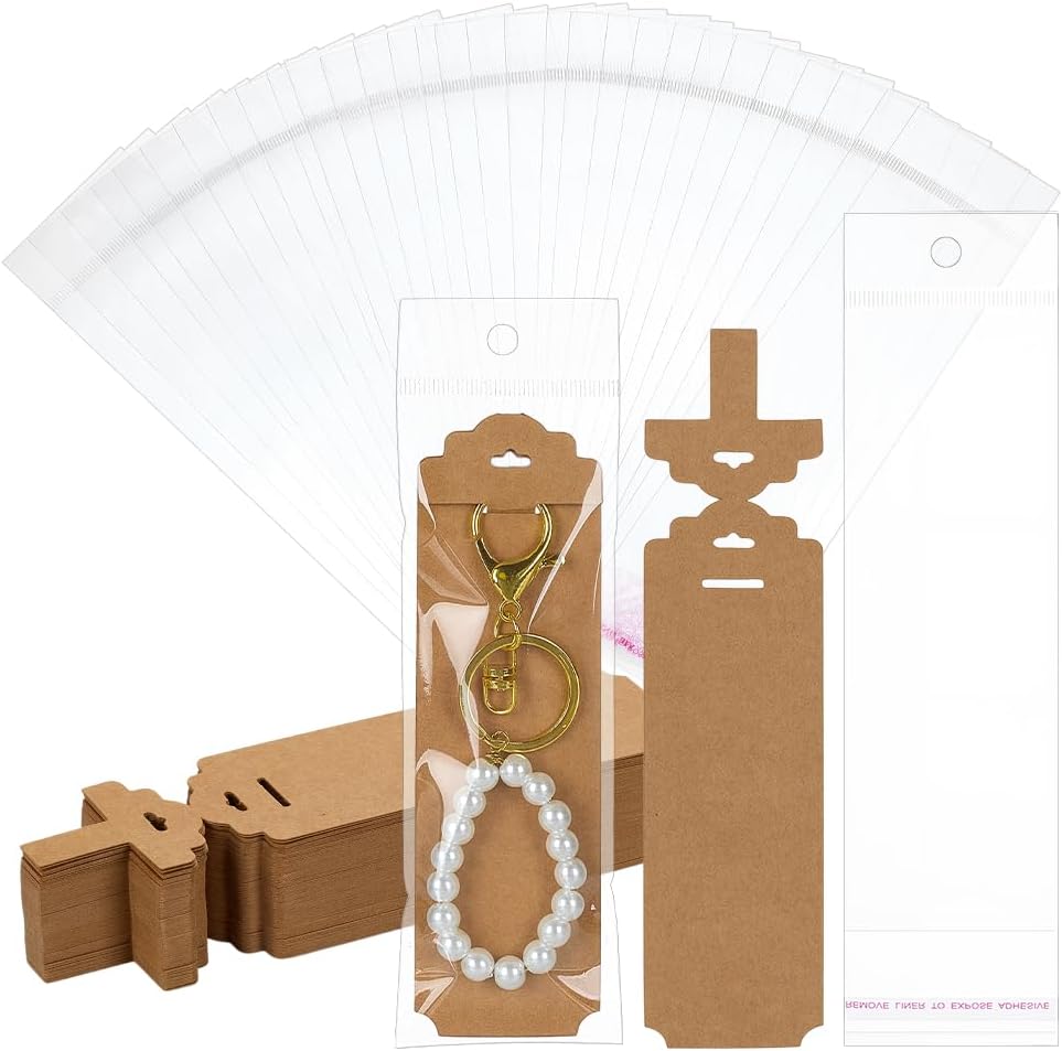 FINGERINSPIRE 120 Pcs Peru Color Keychain Display Card with Self-Sealing Bags, 7.9x1.8Inch Rectangle Blank Kraft Paper Keychain Hanging Cards for Displaying Keychains Jewelry