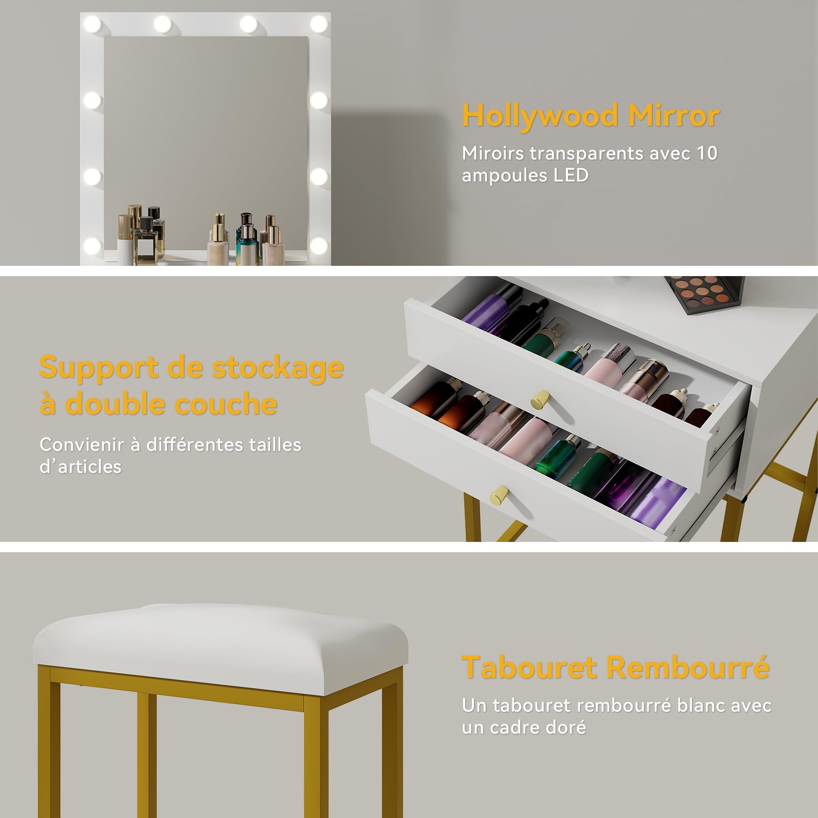 YU YUSING Petite Coiffeuse Miroir Hollywood LED, Table Maquillage Doré