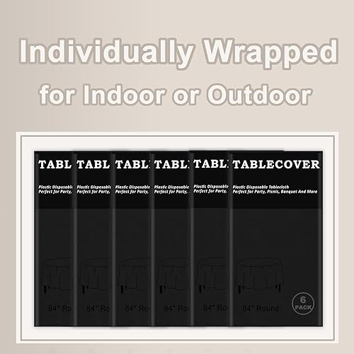Miniatura 3 de D&Z Mantel de plástico desechable, paquete de 6 manteles redondos negros envueltos individualmente para interiores y exteriores, mantel de 84