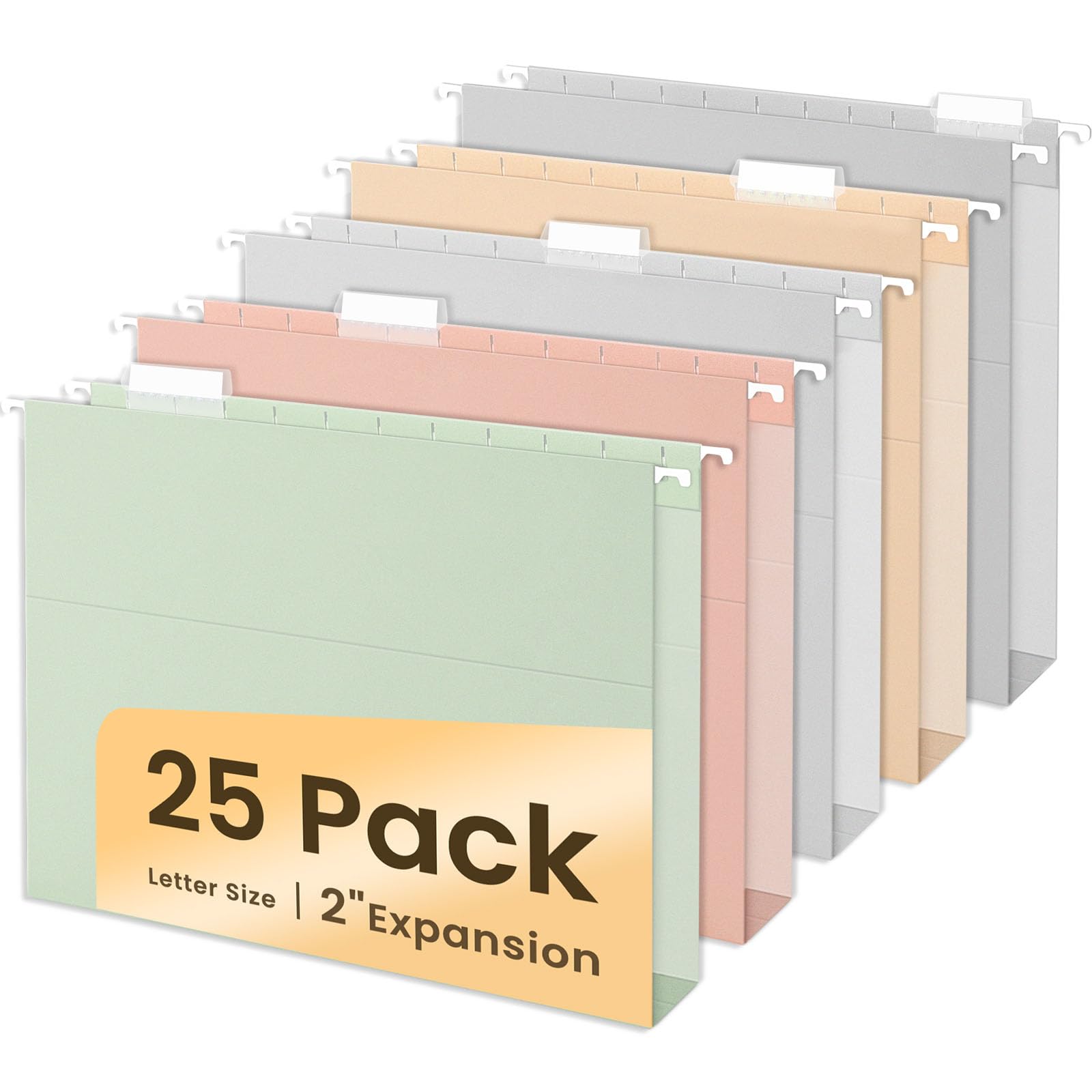 SUNEE Hanging File Folders Letter Size, Pastel Colors, 25 Count Letter Size File Folders with 1/5-cut Tabs, Heavy Duty 2 Inch Expansion, Stay Organized for Your Home and Office Bulk File
