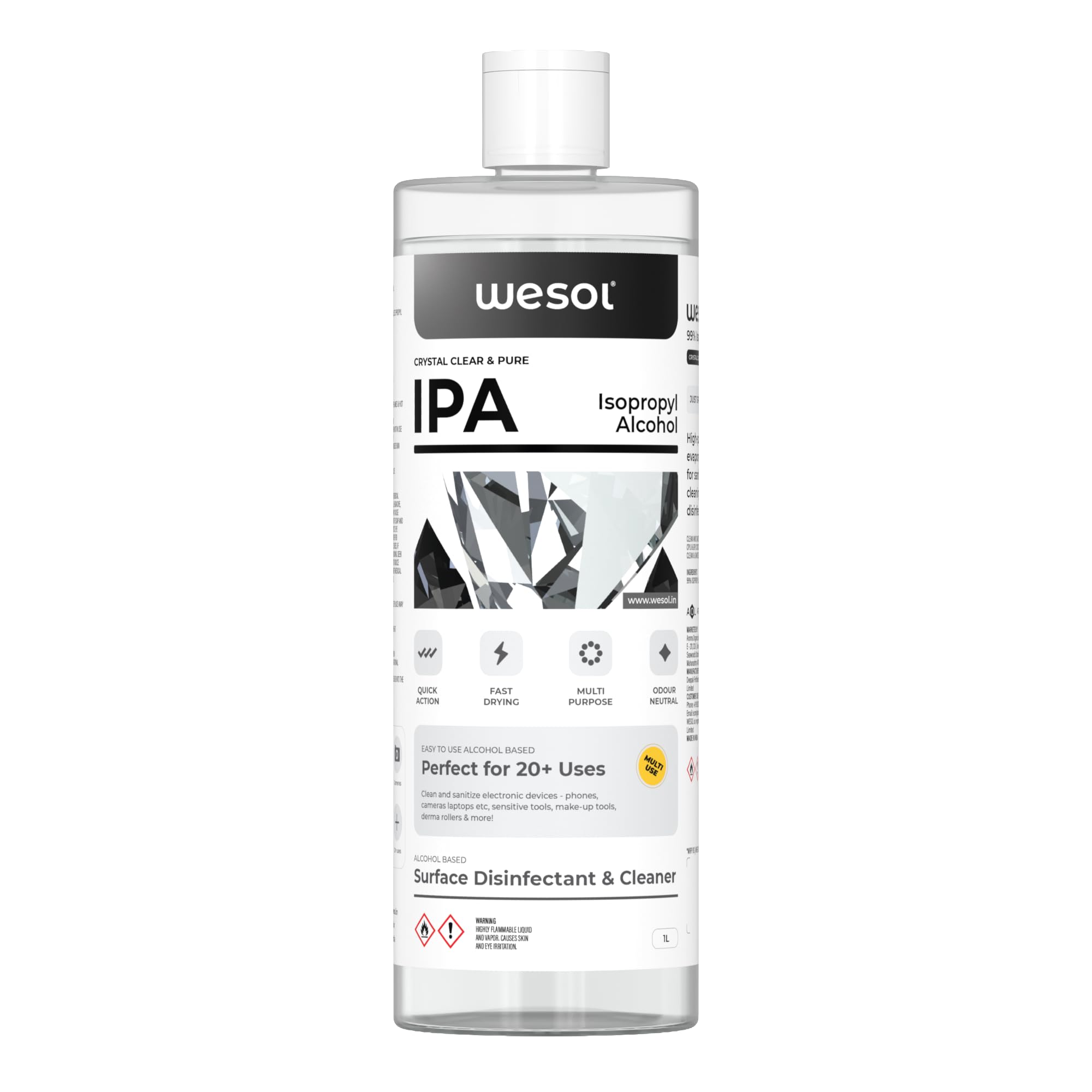Wesol IPA Multi-Use Disinfectant and Cleaner 1Ltr 99.9% Pure Isopropyl Alcohol for Electronics, Gadgets, Make-up Tools 3D Printers