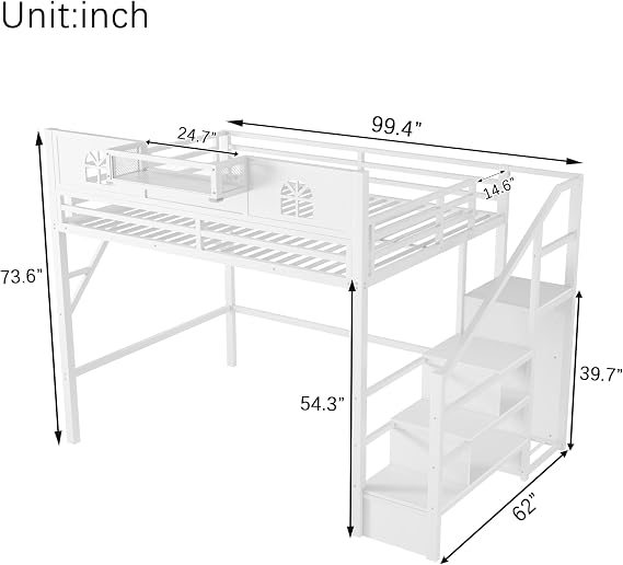 Queen Size Loft Bed with Storage Stair, Guardrail, White