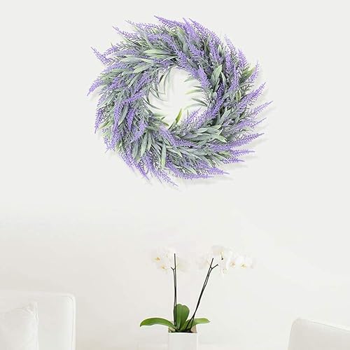 Miniatura 4 de Corona de lavanda artificial de 11 pulgadas para puerta delantera, corona de flores moradas con hojas verdes, corona de granja, para el hogar,