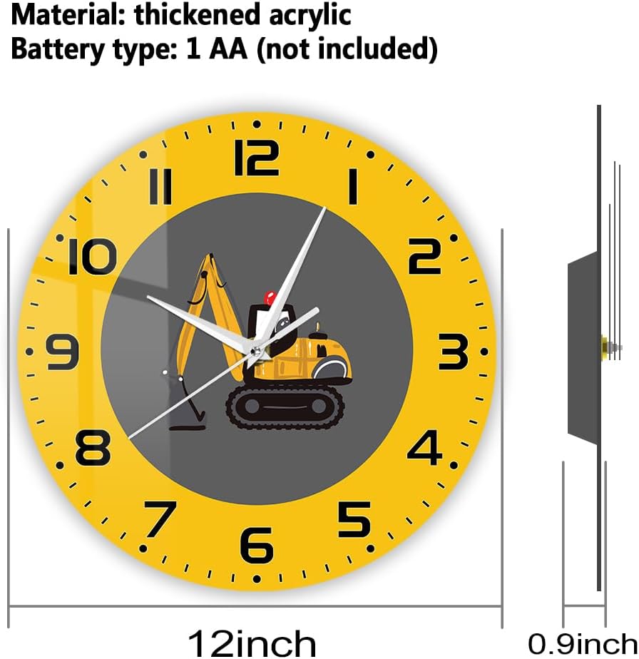 12 Inch Excavator Wall Clock, Building Machines Wall Clock Excavator Truck Loader Construction Equipment and Machinery Clock Silent Non Ticking Quartz Wall Watch Clock for Boys Room Kids Room