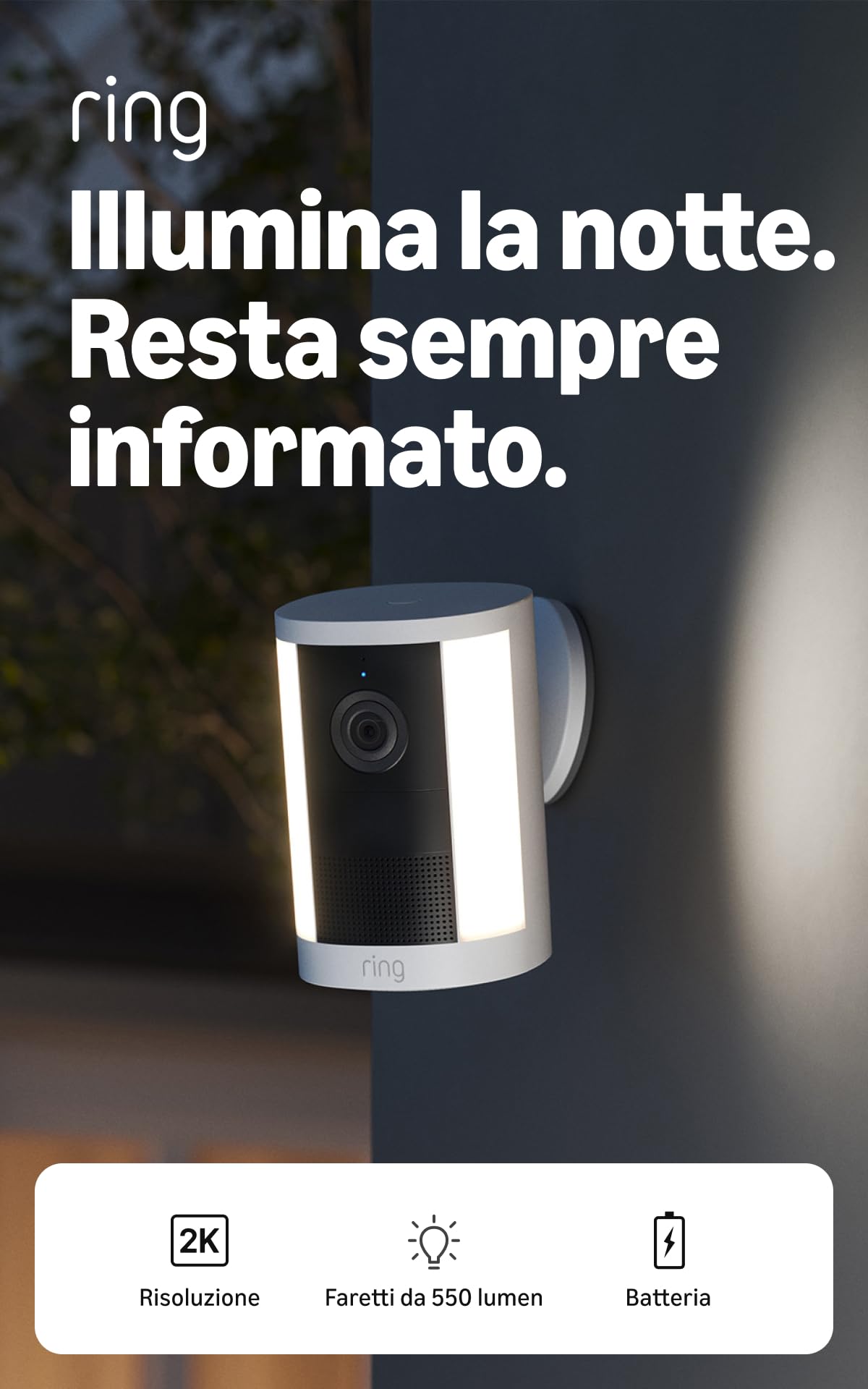 Ring Videocamera con faretti (Spotlight Cam), a batteria (ultimo modello), video Retinal 2K , zoom 6x, faretti attivati dal movimento, prova gratuita di 30 giorni del piano di abbonamento Ring
