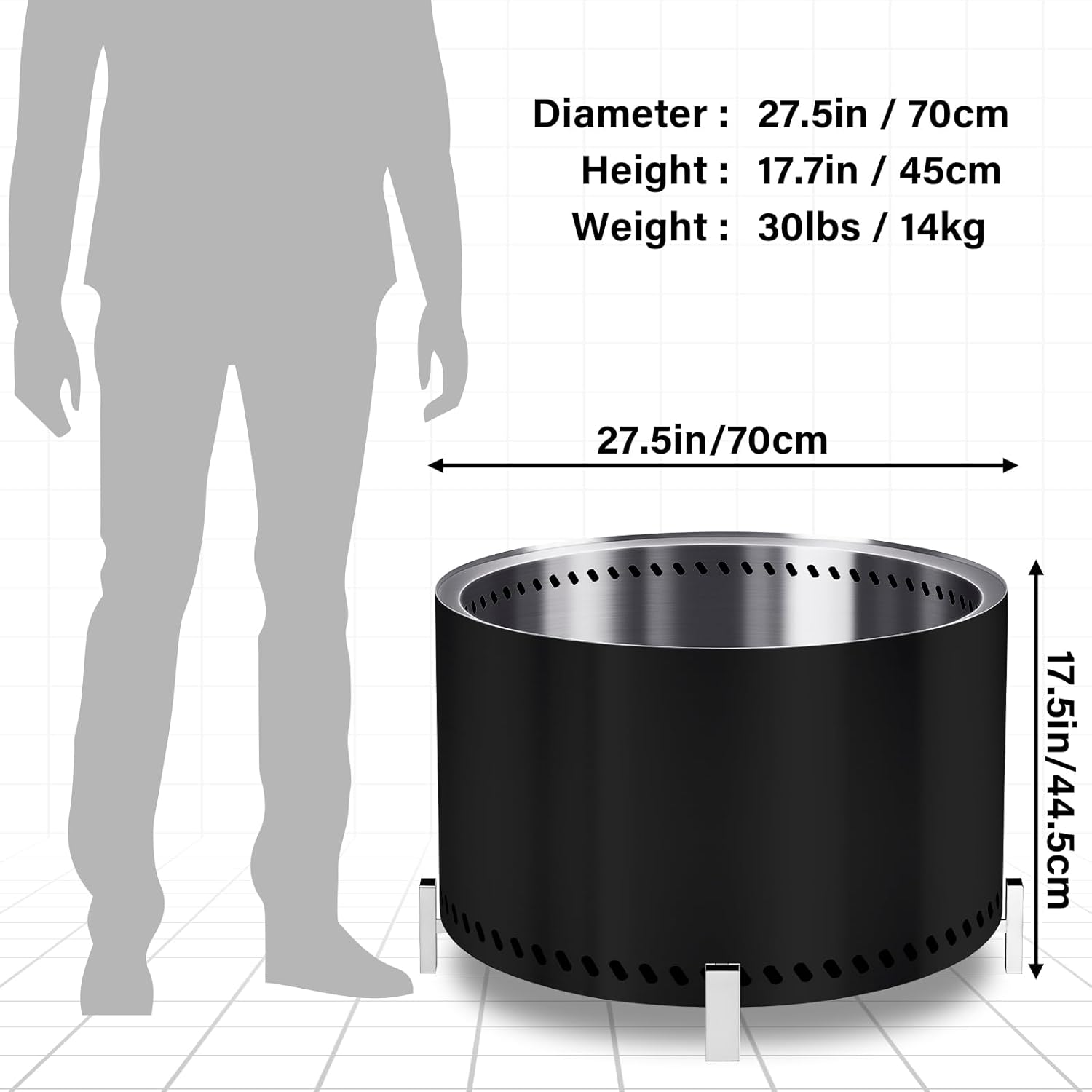 HGD 28" Smokeless Firepit with Stand, Large Stainless Steel Wood Burning Fire Pit for Friends & Family Gatherings, Secondary Combustion Outdoor Patio Stove for Garden BBQ & Bonfire (Black)