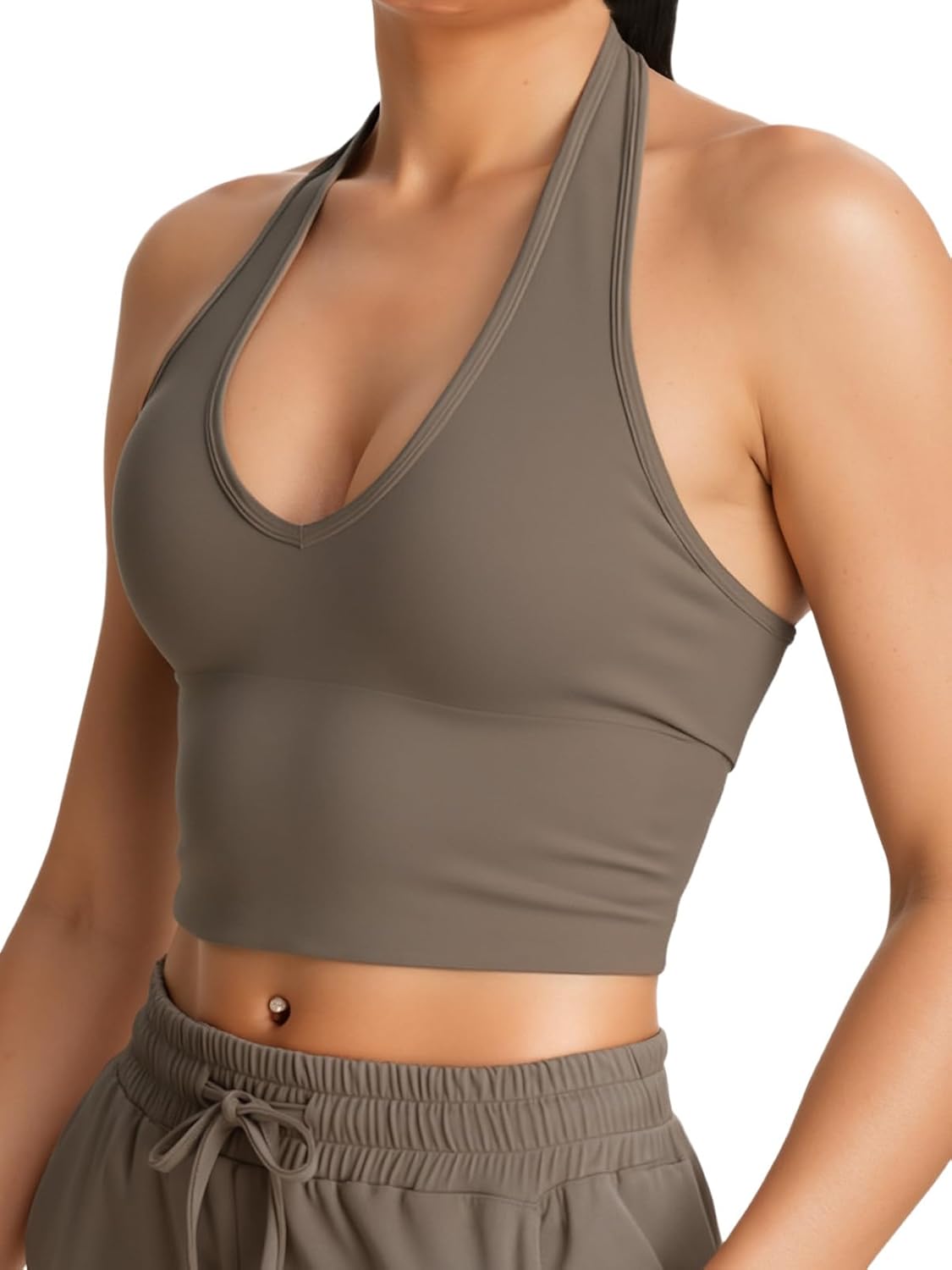 Halter Longline Sports Bras - Low Impact Open Back Bras Padded Workout Crop Tank with Built in Bra