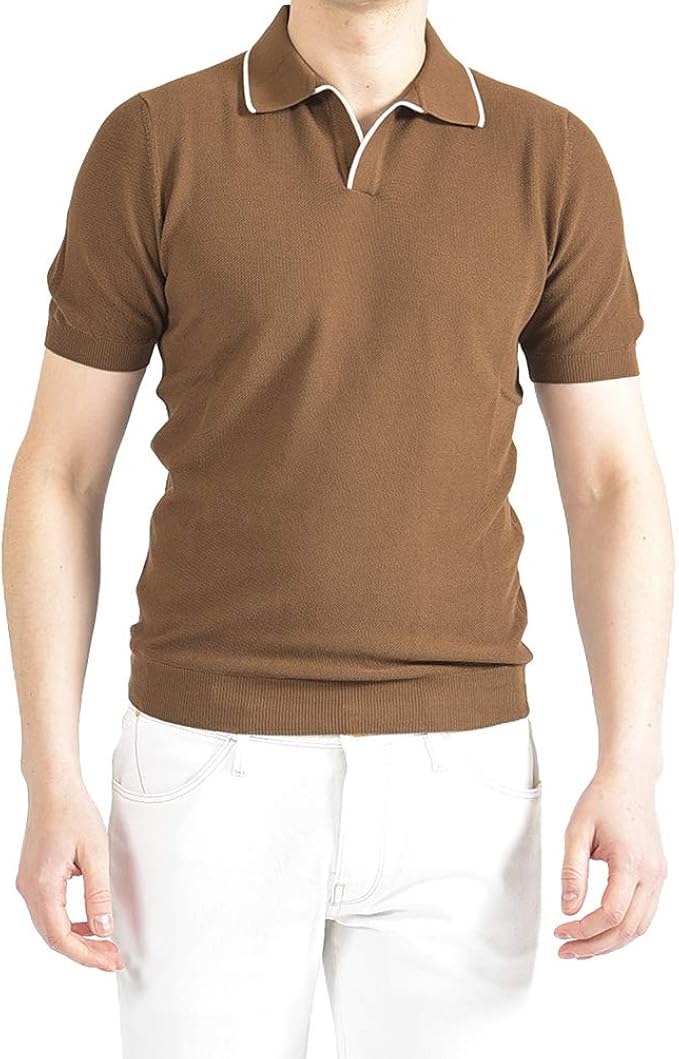 Amazon Co Jp グラン サッソ Fresh Cotton スキッパー ポロシャツ サマーニット 半袖 メンズ コットン 綿 100 ブラウン 茶 46 並行輸入品 ファッション