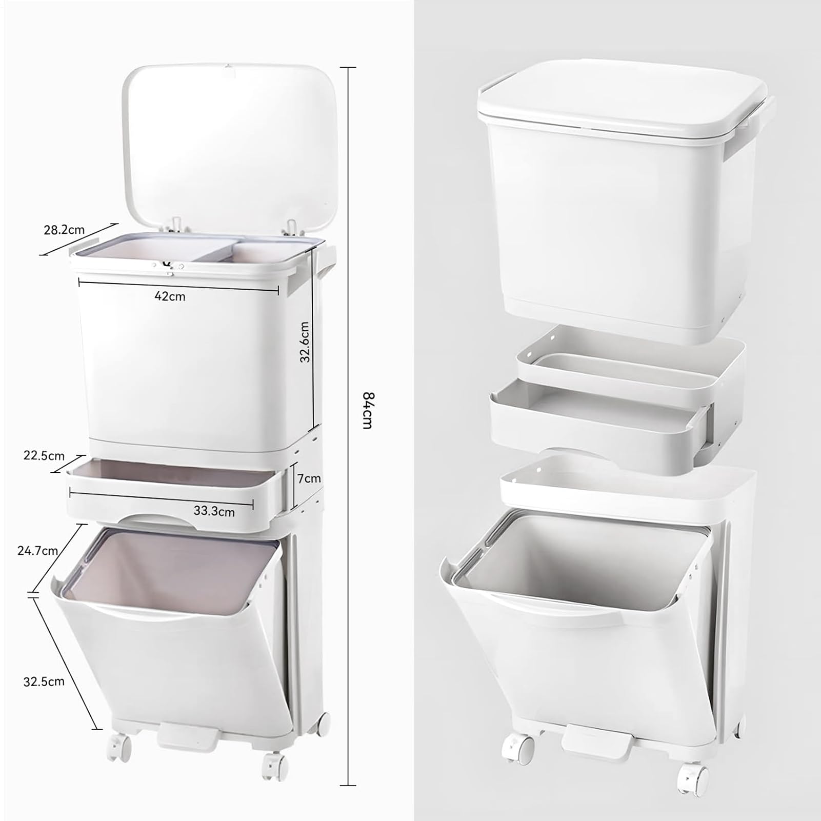 Genérico Cubo de basura de cocina de 42 L con 3 compartimentos, cubo de reciclaje grande de pp, sistemas de separación de residuos, cubo de basura con pedal, tapa con ruedas y asa para cocina
