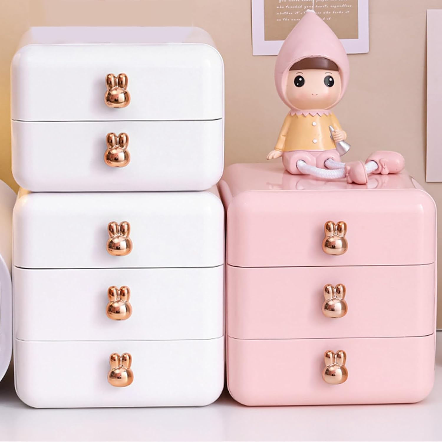 Desktop Storage Box, Large Capacity Plastic Desktop Drawer Storage Box, Jewelry Hair Accessories, Tabletop Organizer for Office Dormitory Kids Room (3 Layer Pink)