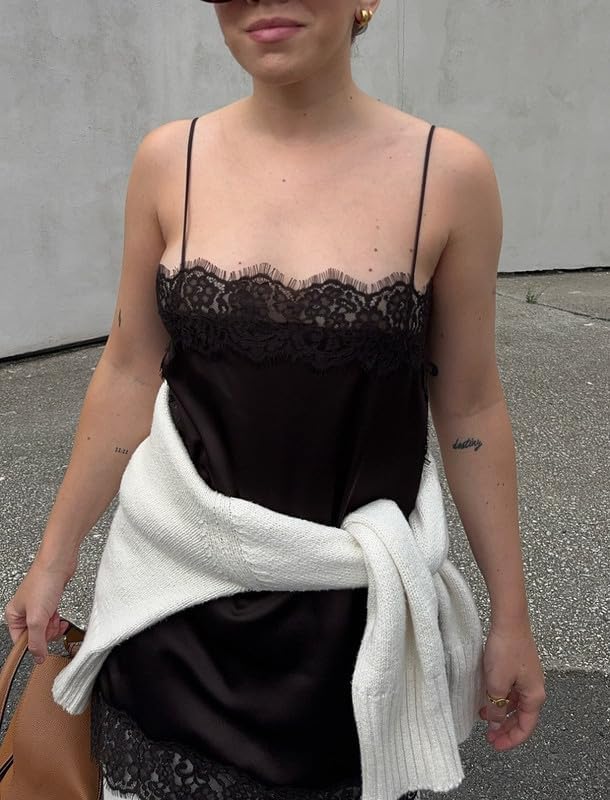 Women Lace Trim Satin Camisole Top Silky Spaghetti Strap V Neck Cami Top Flowy Asymmetrical Going Out Tank Tops - Image 4