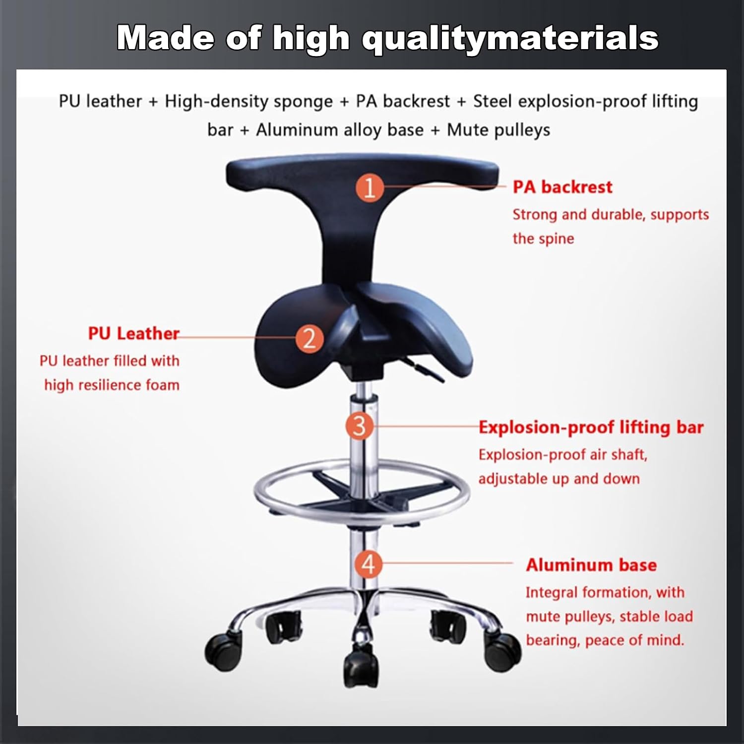 Saddle Style Split Seat Stool Height Adjustable Dental Chair Rolling Chair with Back Support ＆ Two Tilting Option, Dental Office Home,A/52~70cm