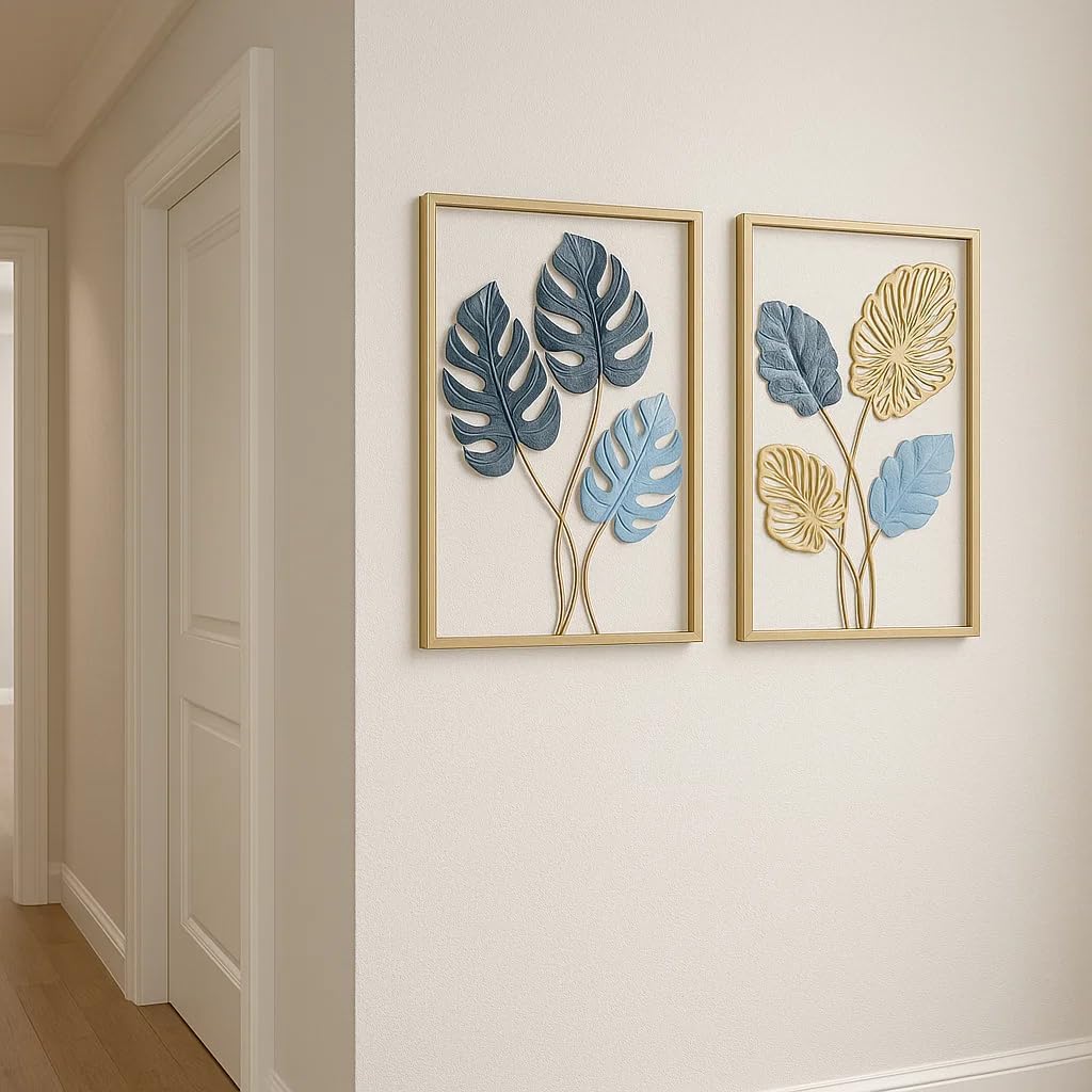 Bohemian 3D Metal Leaf Gold Wall Art Set of 3 | Boho Hallway Wall Hanging Home Decor for Farmhouse Living Room, Office, Bedroom, Indoor, Outdoor | Large Modern Minimalist Gold Metal Wall Sculptures(16x11")