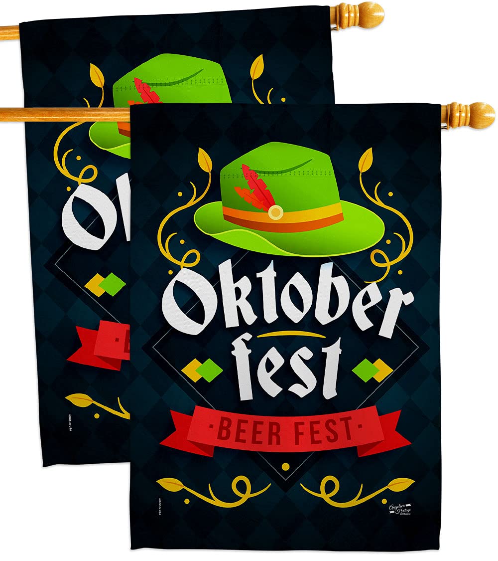 Oktober Fest House Flag 2 pcs Pack Beverages Beer Happy Hour Game Pong Party Ale Lager Craft Decoration Banner Small Garden Yard Gift Double-Sided, Made in USA