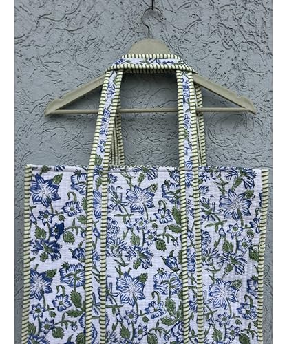 Image of Quilted Cotton Hand printed Reversible Large multicolor cotton Tote Bag,Indian Handmade Block Printed Tote Bag Women Handbag