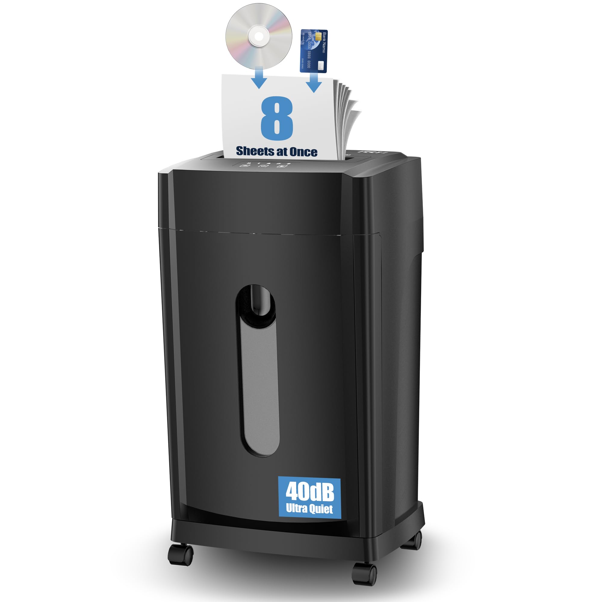 Distruggidocumenti ultra silenzioso da 45 dB, 8 fogli da 2 x 12 mm, trituratori micro tagliati per uso domestico con cestino estraibile da 30 litri e ruote, distruggi documenti, distruggi documenti