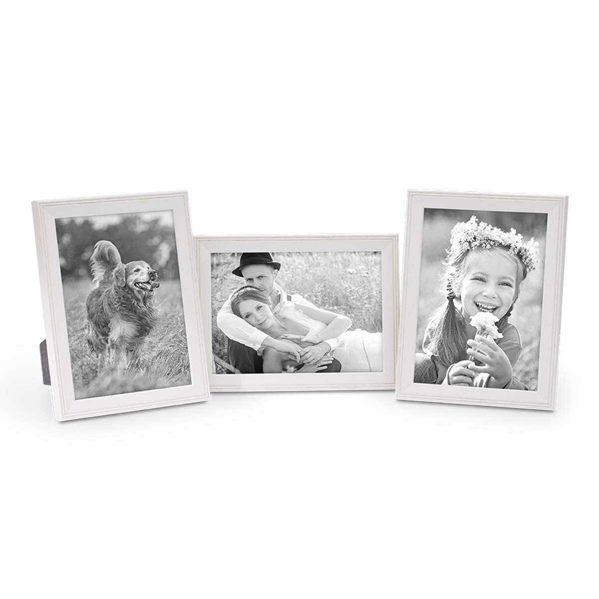 PHOTOLINI Bilderrahmen 13x18 cm Holz Weiß Landhaus-Stil, 3er Set Holz-Rahmen, Made in Germany, Echtglas, zum Aufhängen & Aufstellen, mit Zubehör - perfekt für Familienfotos & Urlaubsbilder